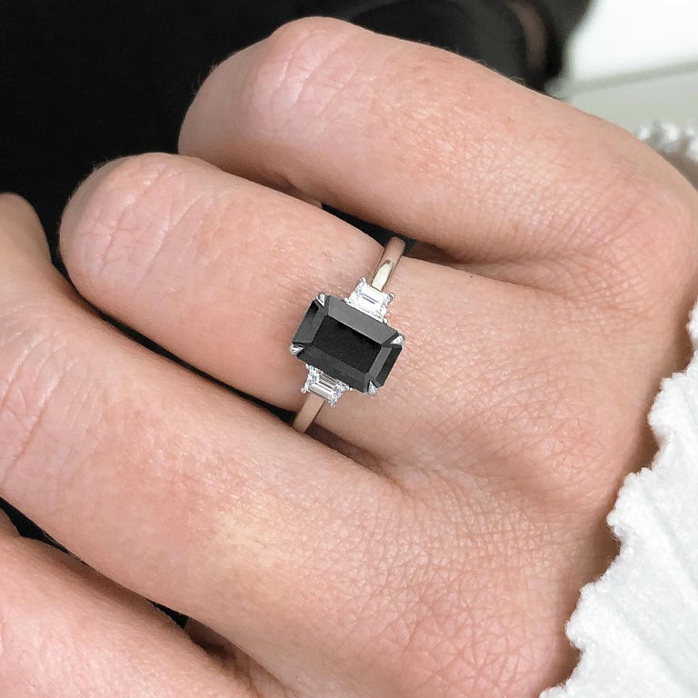 2.30 Carats Black Emerald Cut and White Trapezoids Engagement Ring in