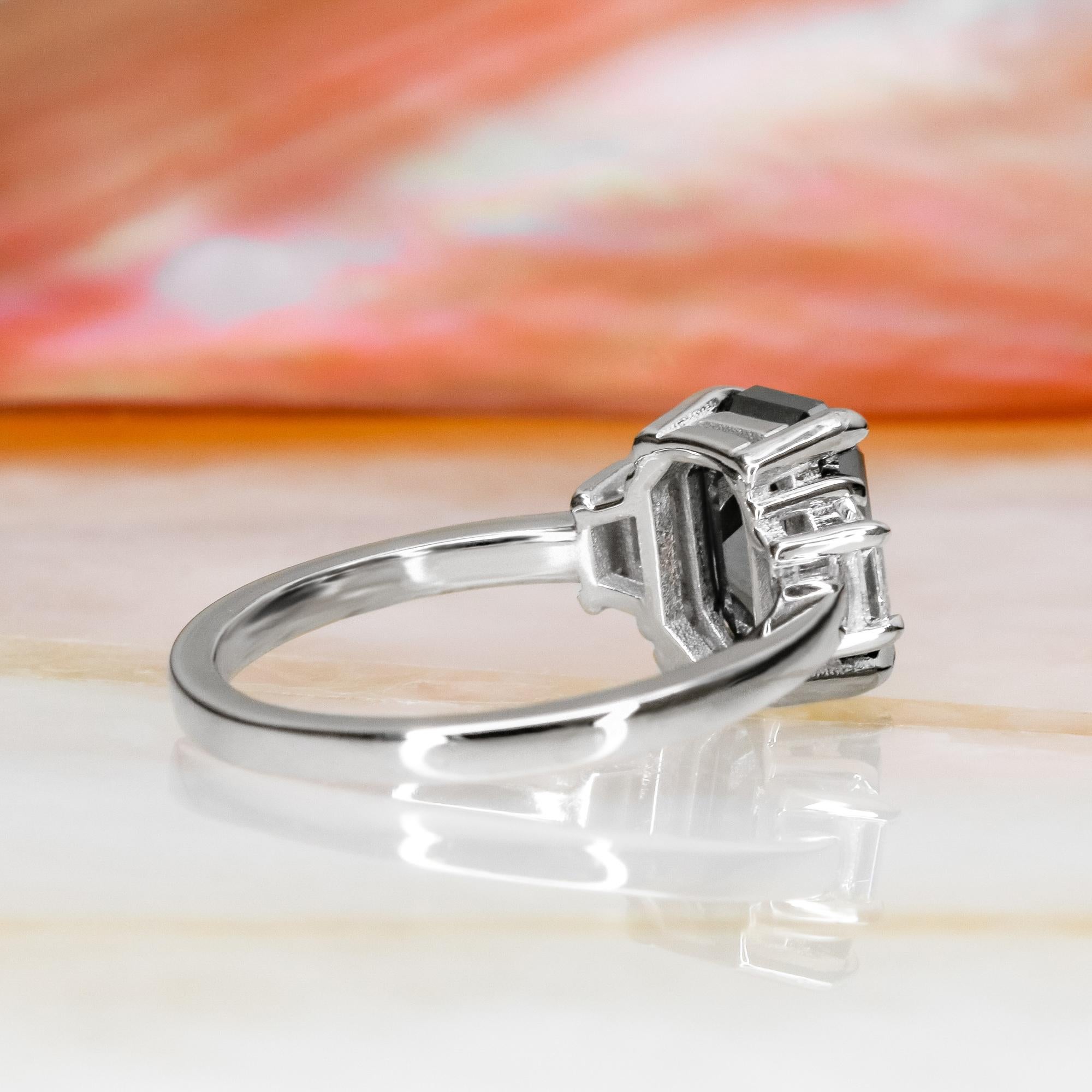 Women's 2.30 Carats Black Emerald Cut & White Trapezoids Engagement Ring in White Gold For Sale