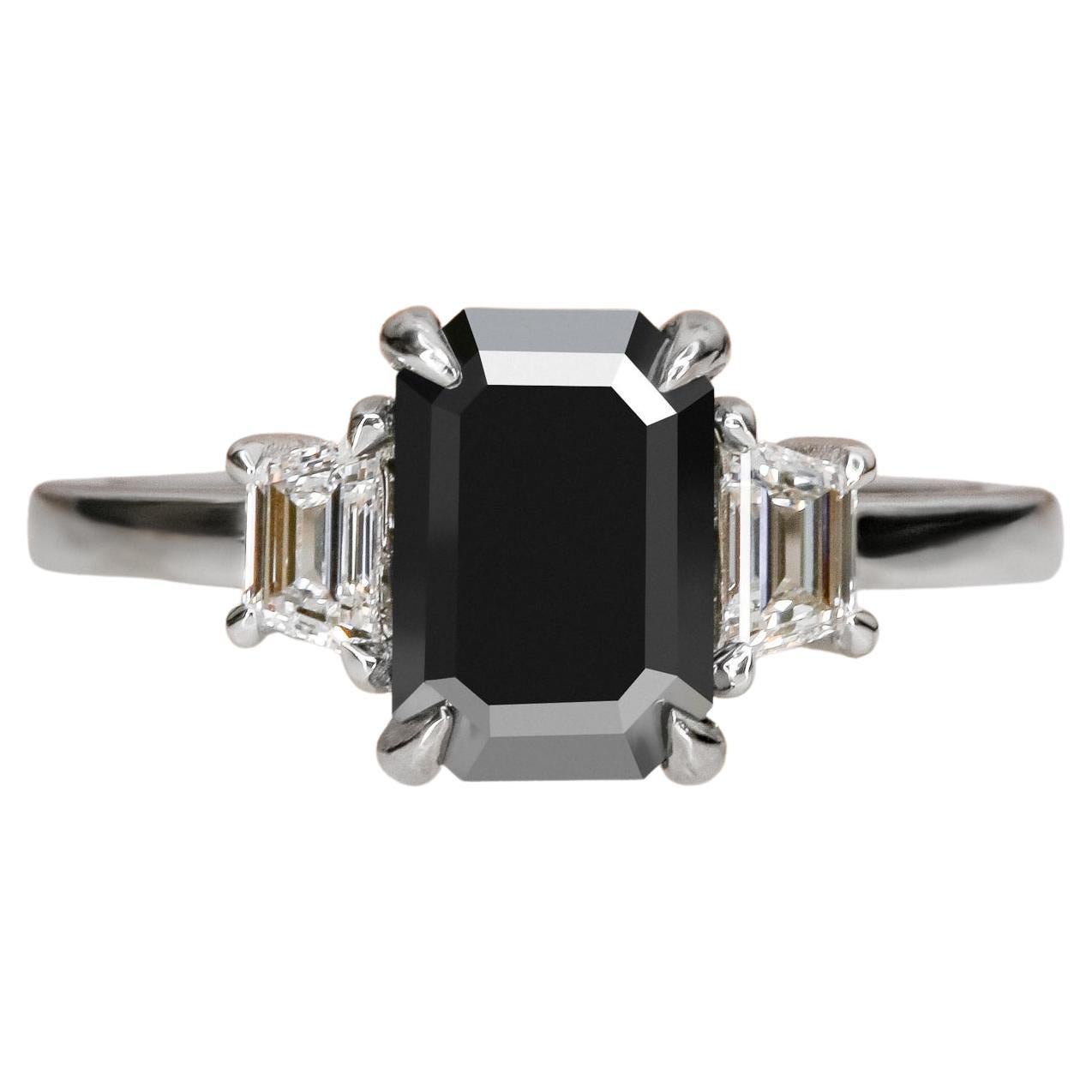 2.30 Carats Black Emerald Cut & White Trapezoids Engagement Ring in White Gold For Sale