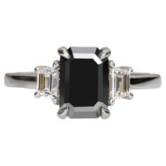 2.30 Carats Black Emerald Cut & White Trapezoids Engagement Ring in White Gold