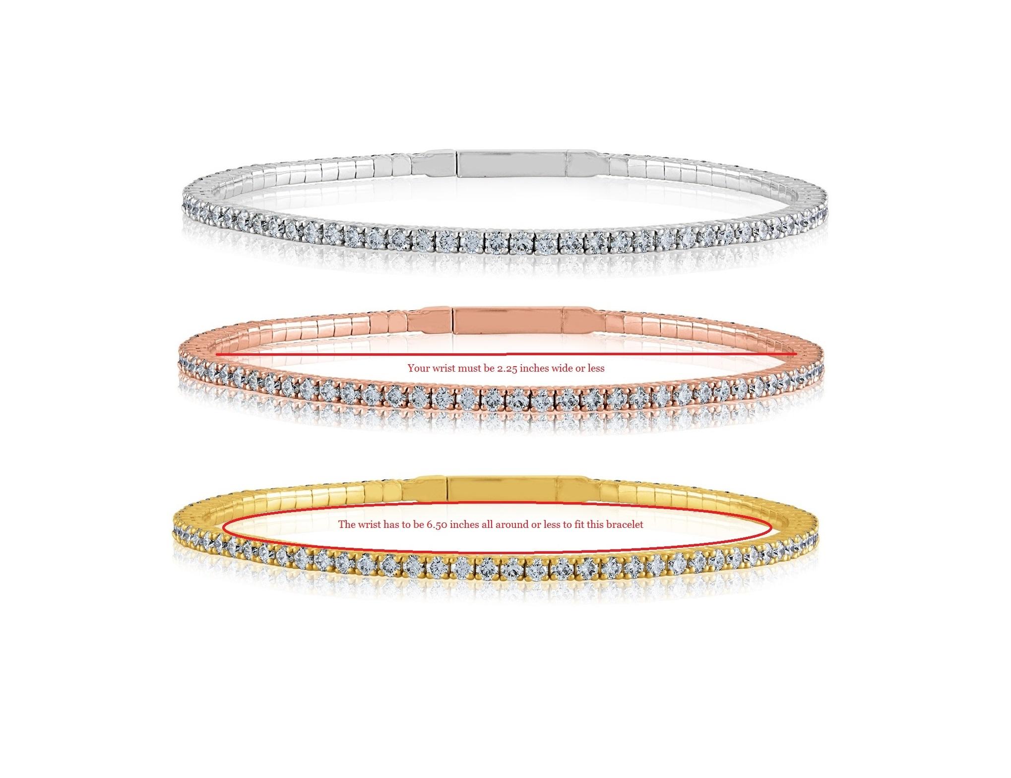 All around Diamond Gold Bangle Tension Bracelet
The bracelet is flexible and bends.
The bracelet is 14K Rose Gold or Yellow Gold or White Gold
There is 2.30 Carats in Diamonds F/G VS/SI
Fits up to 6.50 inch wrist.
The bracelet weighs 8.3