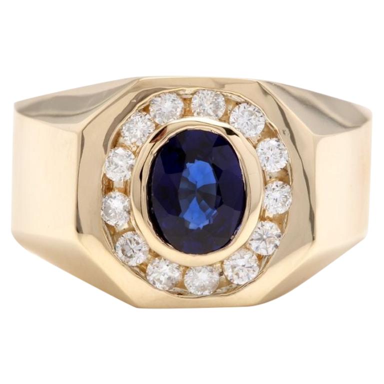 2.30 Carat Natural Diamond and Blue Sapphire 14K Solid Yellow Gold Men's Ring For Sale