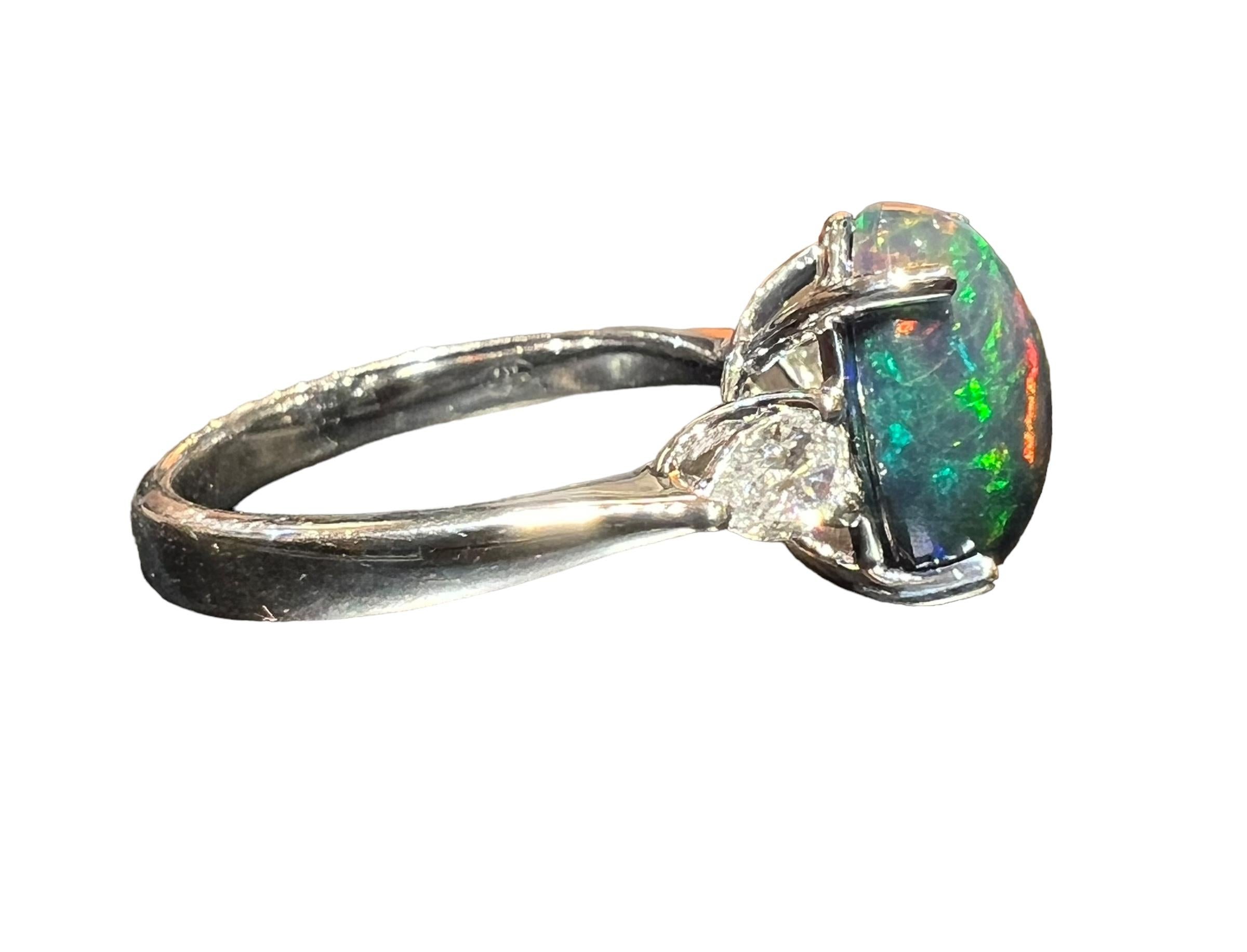 2.30 ct Black Opal Cabochon Ring with Pear Diamond Accents in 18K White Gold For Sale 7