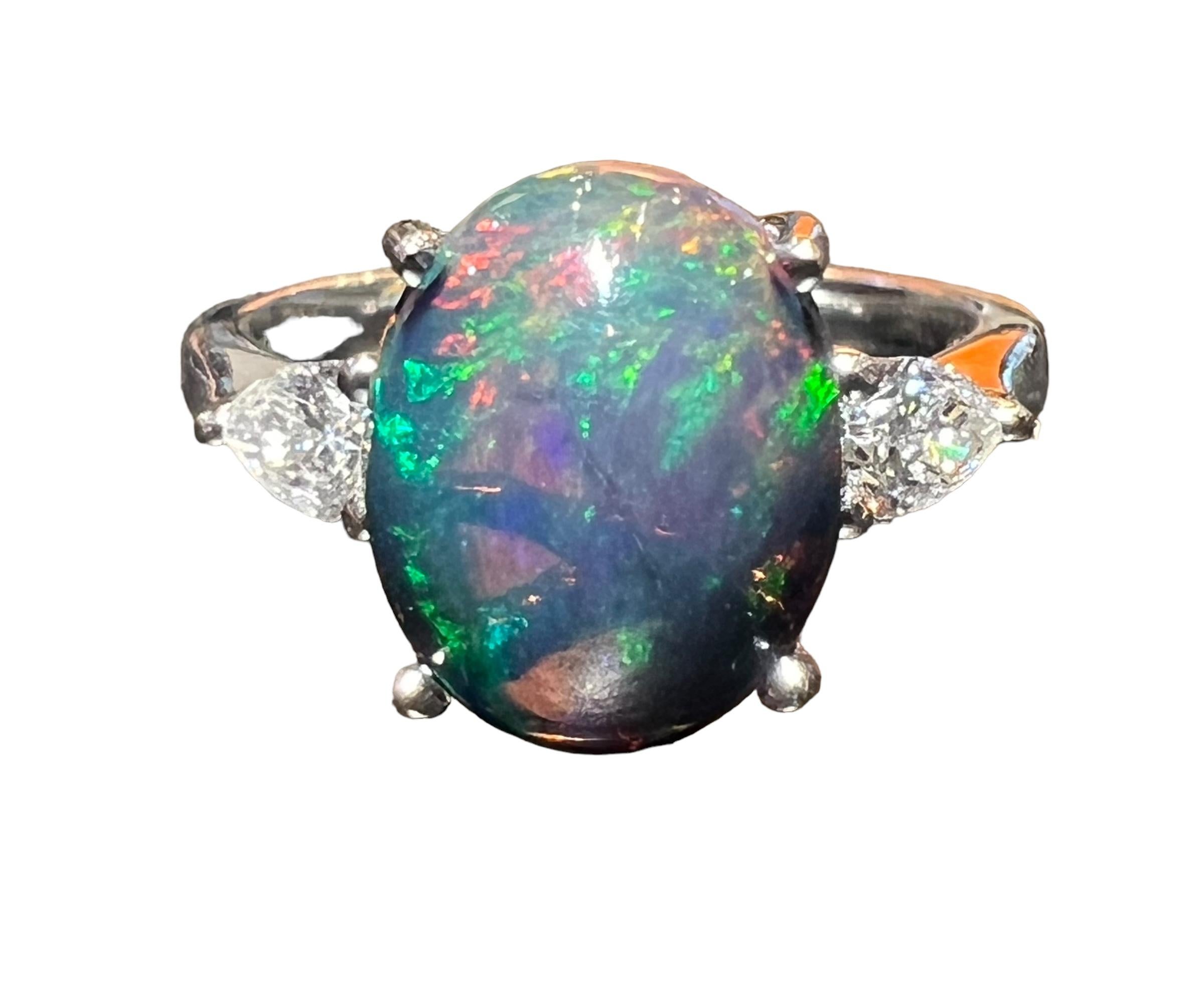 2.30 ct Black Opal Cabochon Ring with Pear Diamond Accents in 18K White Gold For Sale 9