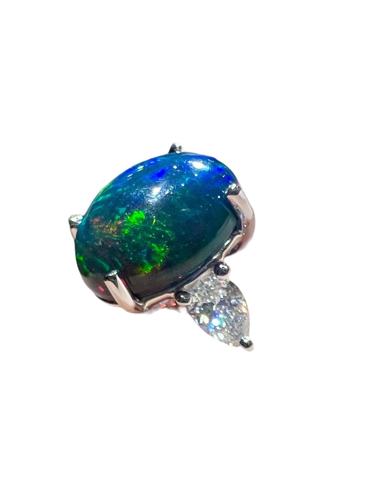 2.30 ct Black Opal Cabochon Ring with Pear Diamond Accents in 18K White Gold For Sale 11