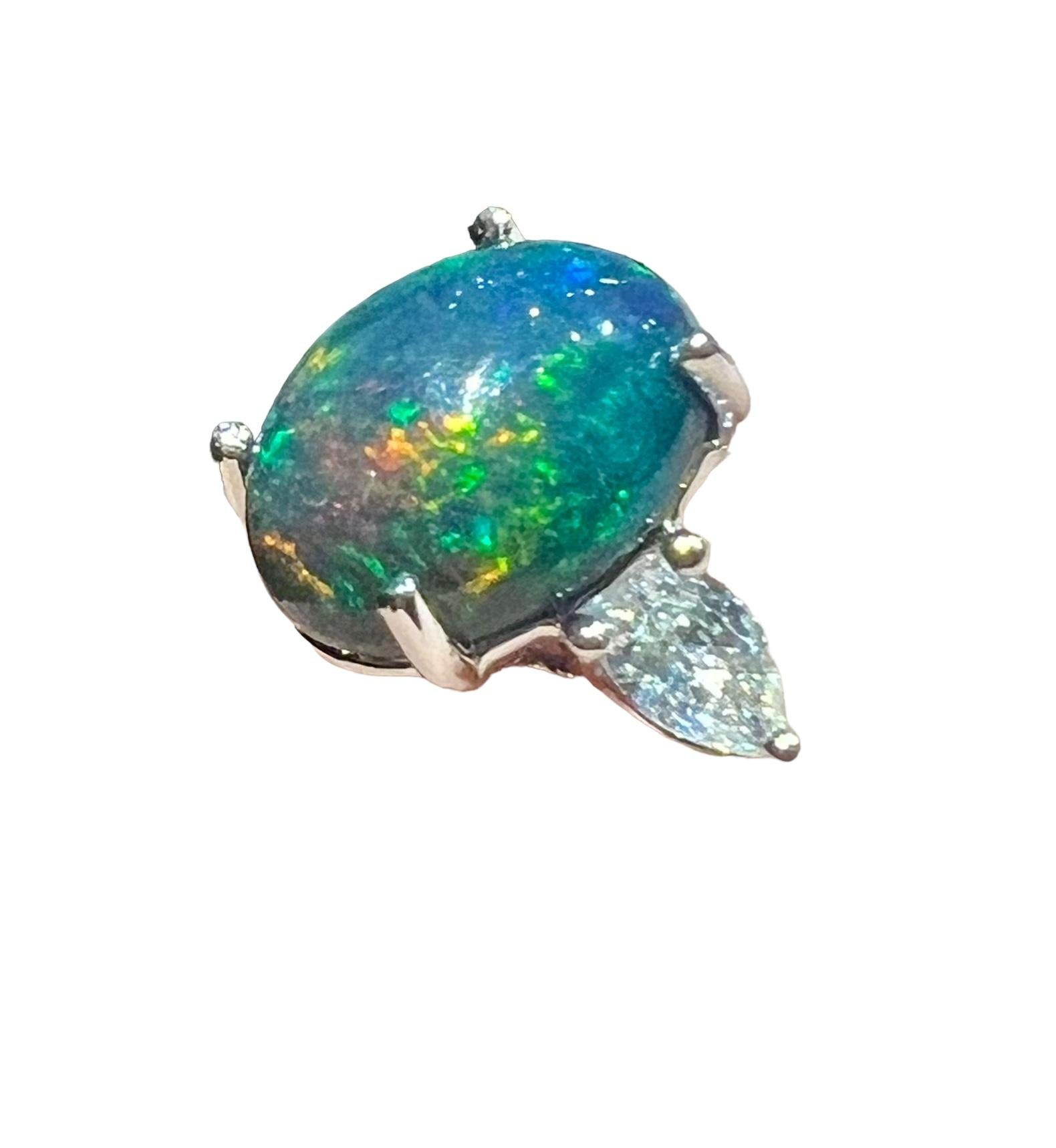 Women's 2.30 ct Black Opal Cabochon Ring with Pear Diamond Accents in 18K White Gold For Sale
