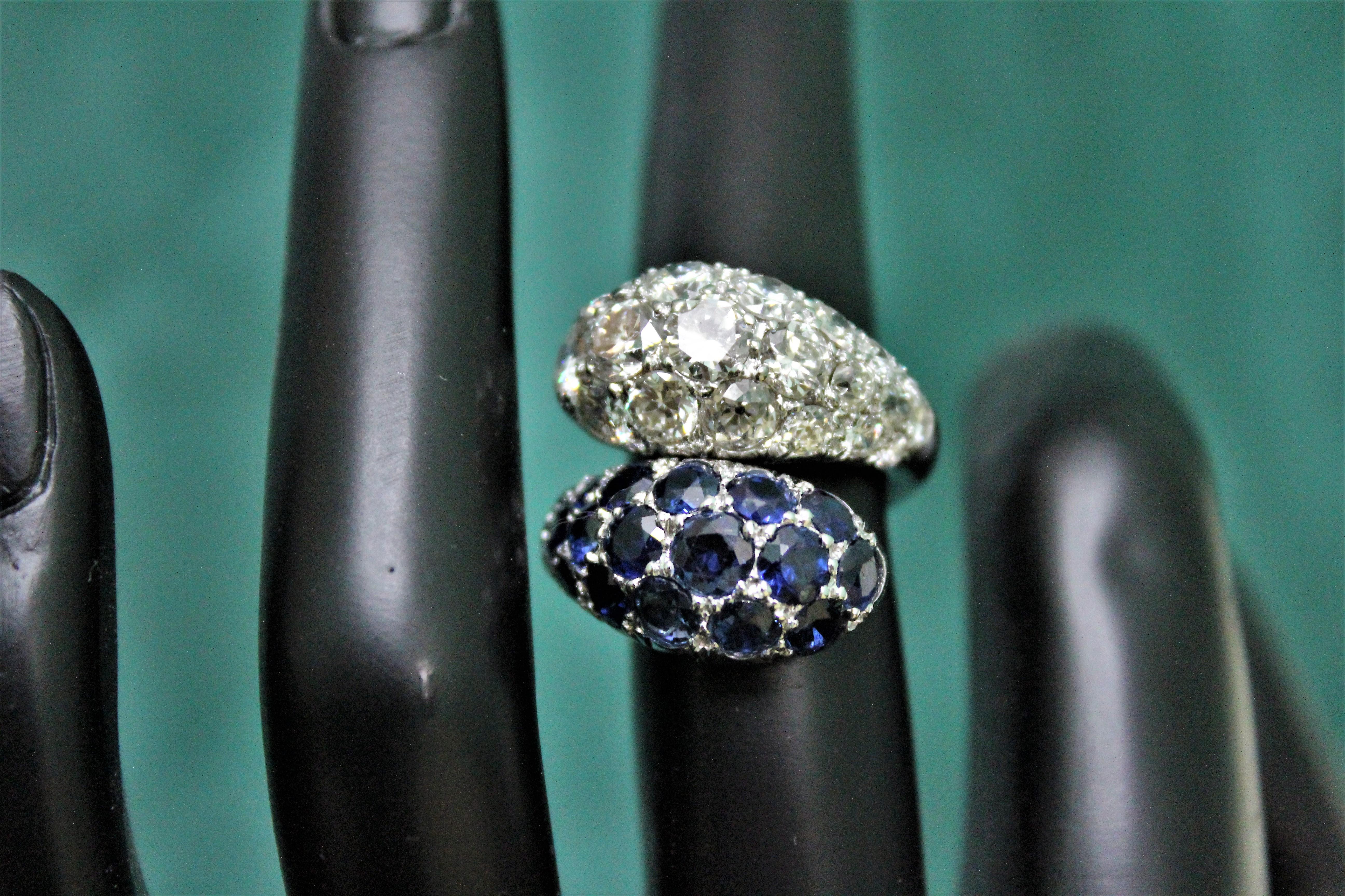 2.30 Ct Blue Sapphires 2.34 Ct Round Diamonds White 18K Gold Dome Contrariè Ring 4