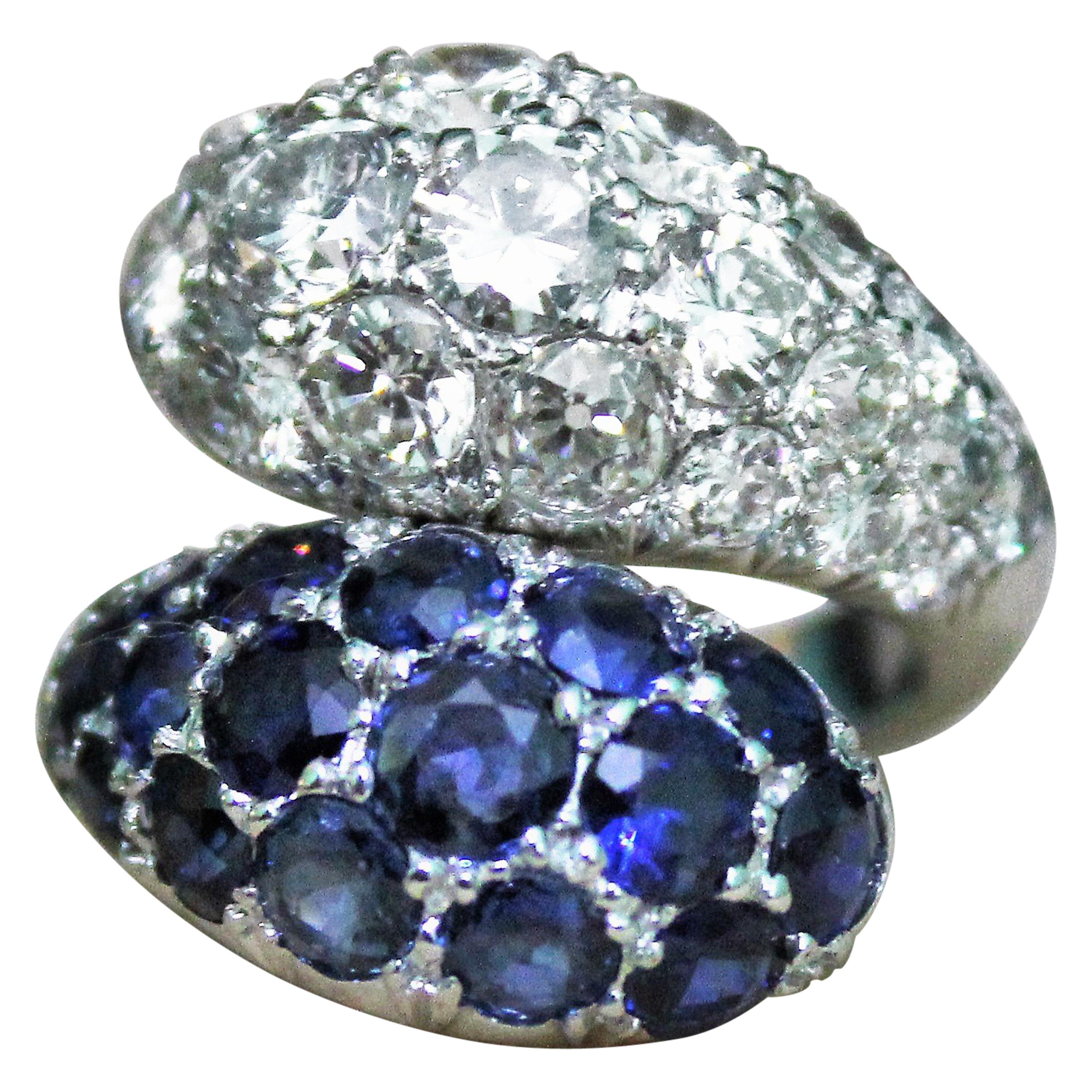 2.30 Ct Blue Sapphires 2.34 Ct Round Diamonds White 18K Gold Dome Contrariè Ring
