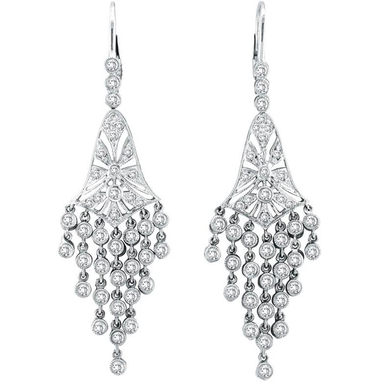 Contemporary 2.30 Carat Natural Diamond Chandelier Earrings G SI 14 Karat White Gold For Sale