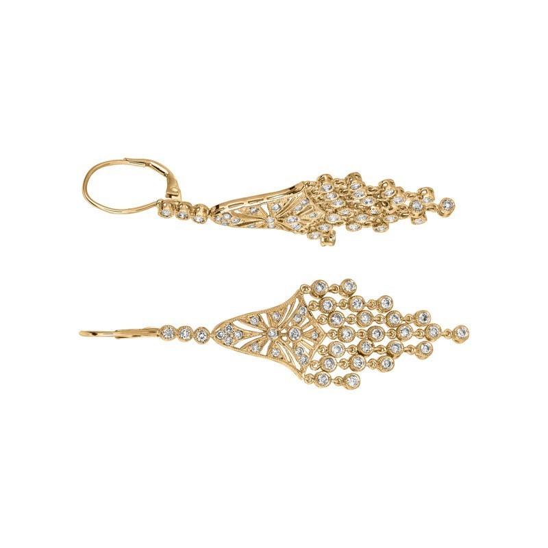 Round Cut 2.30 Carat Natural Diamond Chandelier Earrings G SI 14 Karat Yellow Gold For Sale