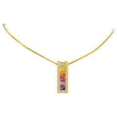 2.30 Cts F/VS1 Round Diamonds Sapphires Unisex Rainbow Necklace 18K Yellow Gold