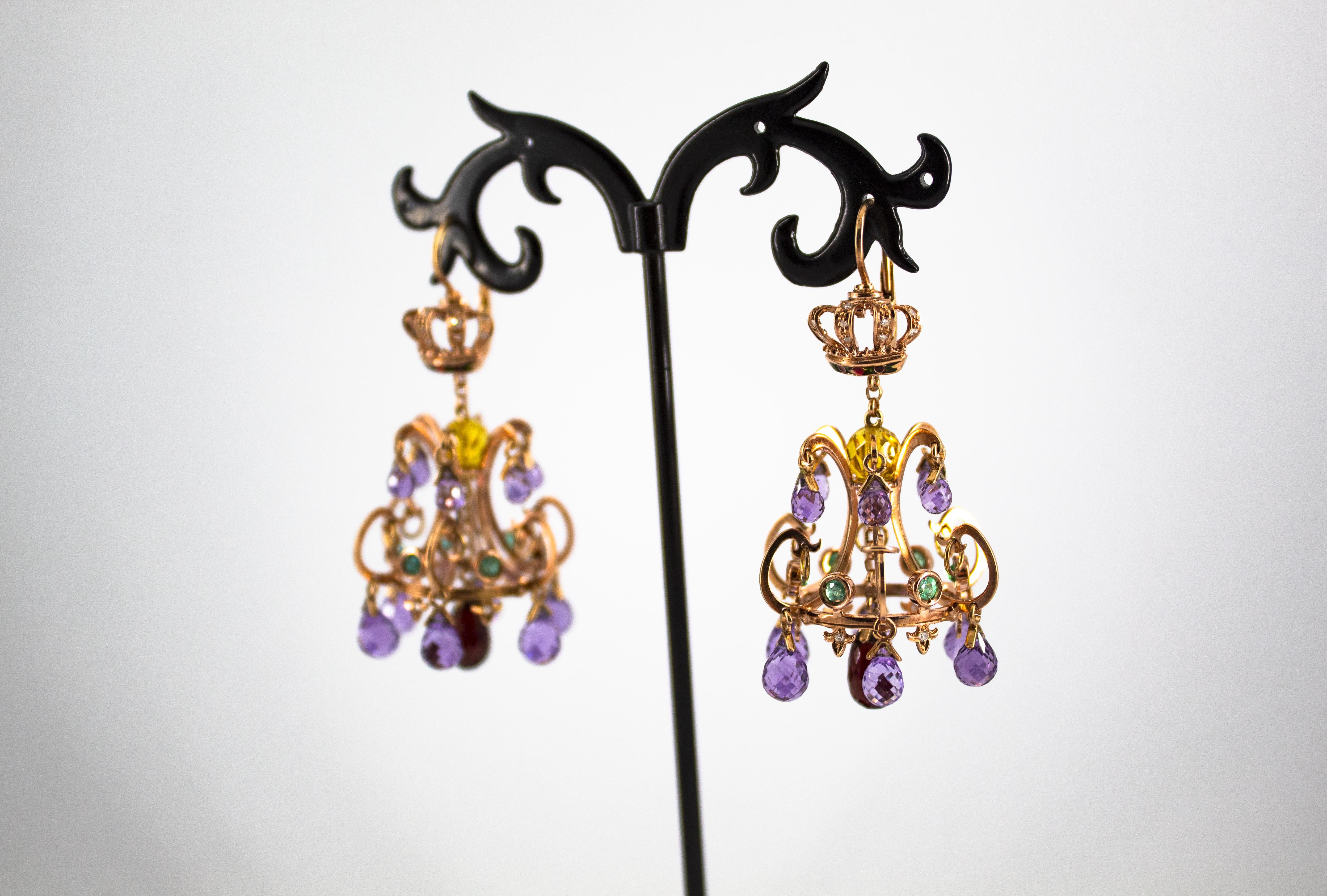 23.00 Carat Amethyst Citrine Garnet Emerald White Diamond Yellow Gold Earrings In New Condition For Sale In Naples, IT