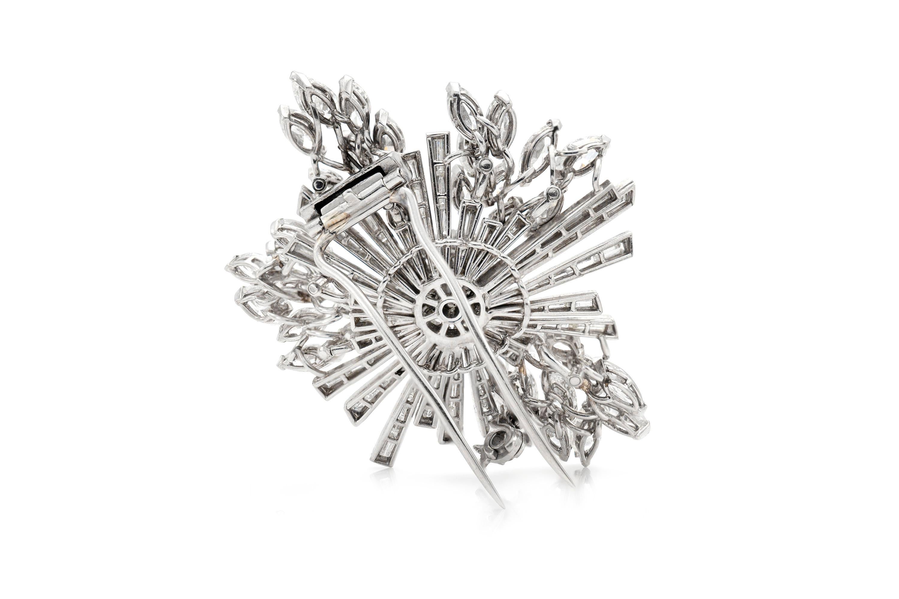 Round Cut 23.00 Carat Round Marquise and Baguette Diamond Brooch For Sale