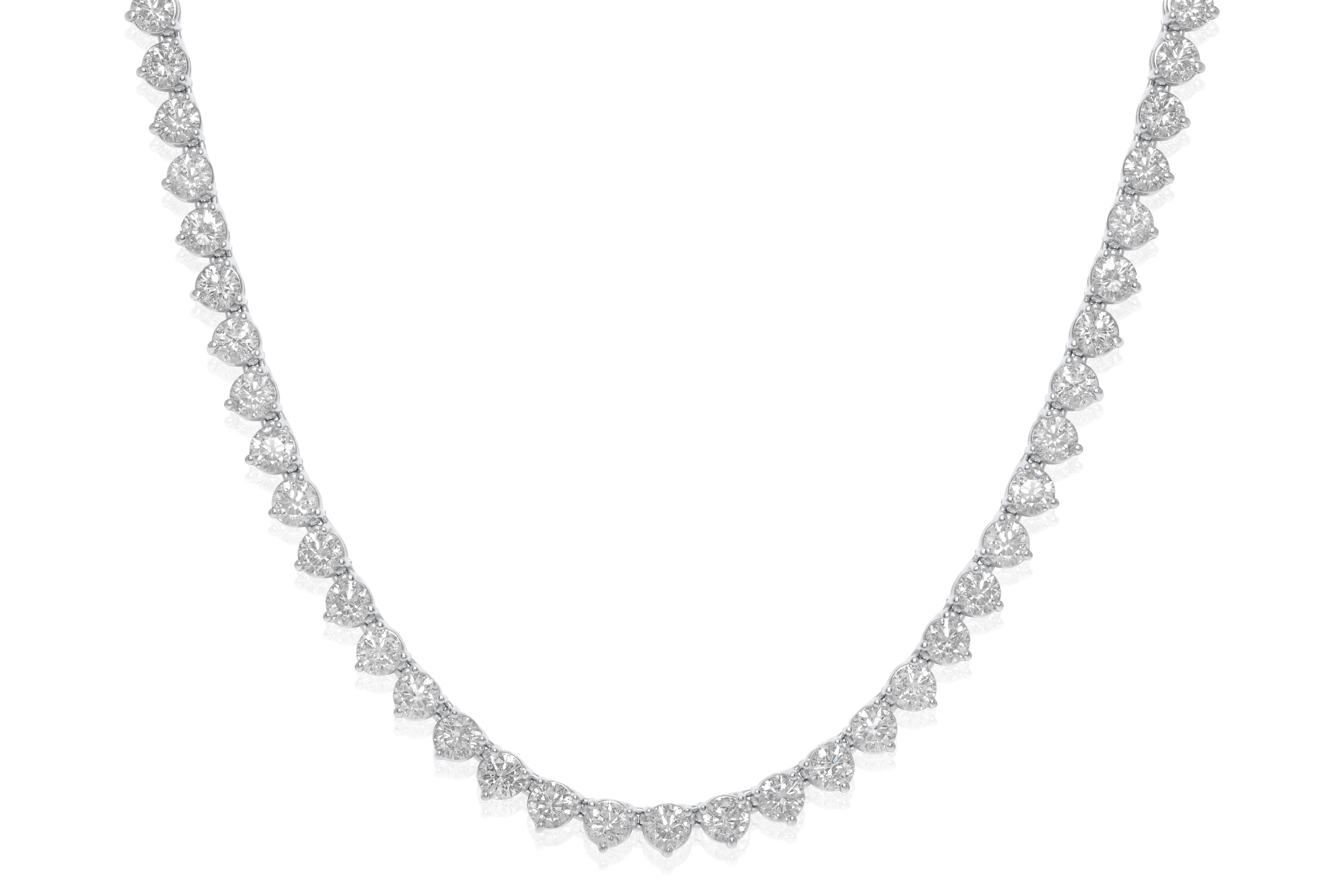 18K White Gold Three Prong Straight Line Diamond Tennis Necklace, Features 23.00 Carats all the same size round brilliant cut diamonds 3 prong mounting. Total 83 stones 17