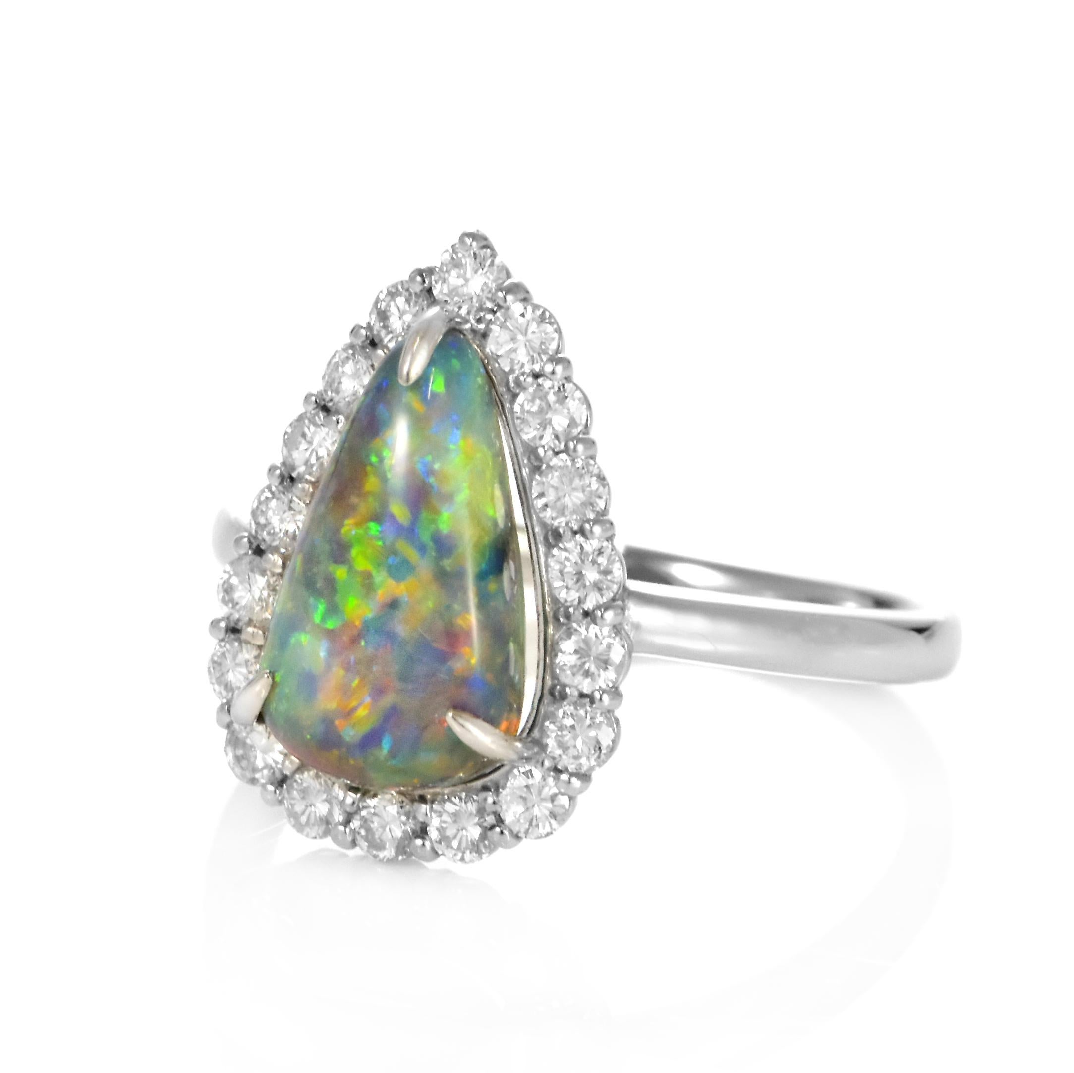 Modern 2.302 Carat Natural Australian Black Opal and Diamond Ring Made in Platinum For Sale