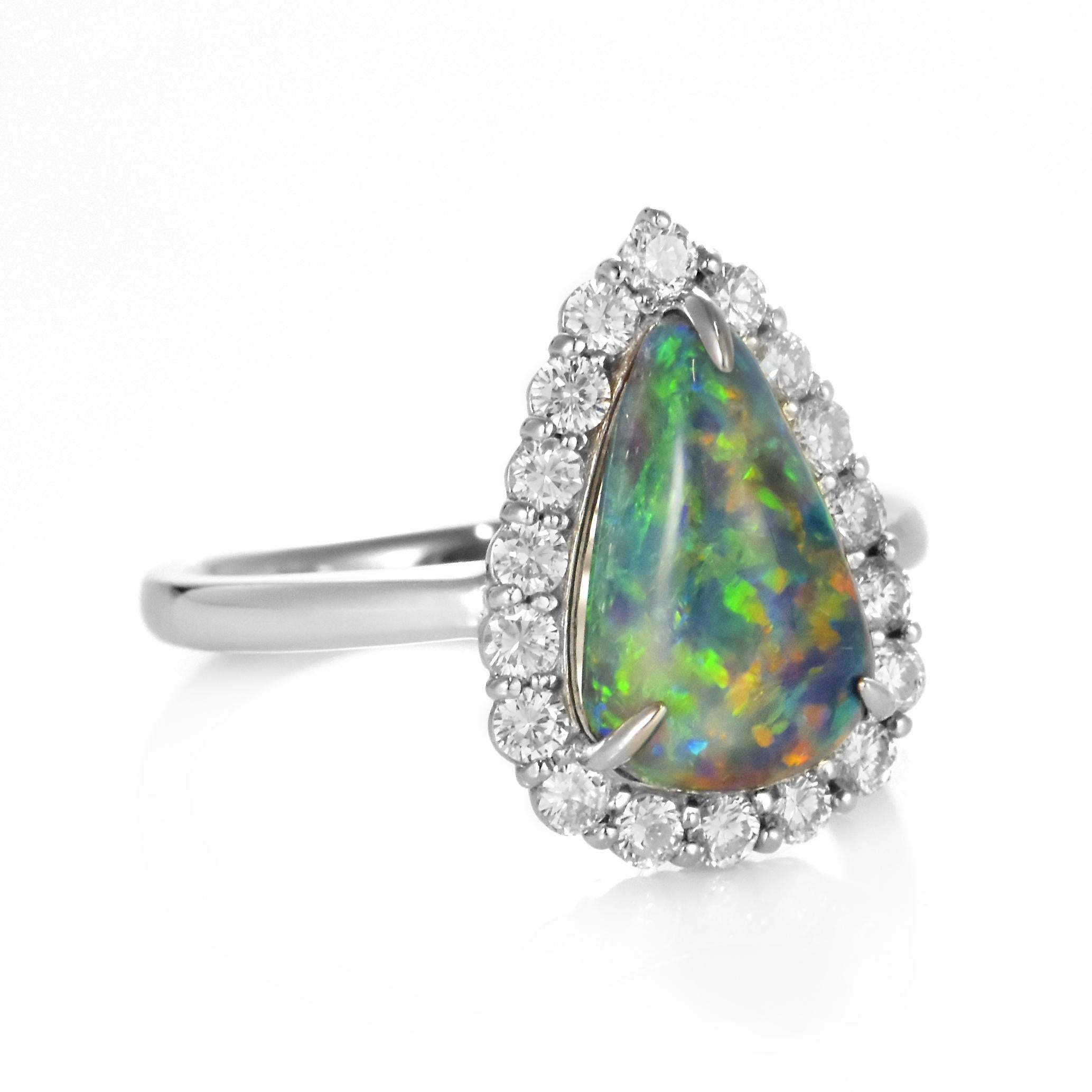 Cabochon 2.302 Carat Natural Australian Black Opal and Diamond Ring Made in Platinum For Sale