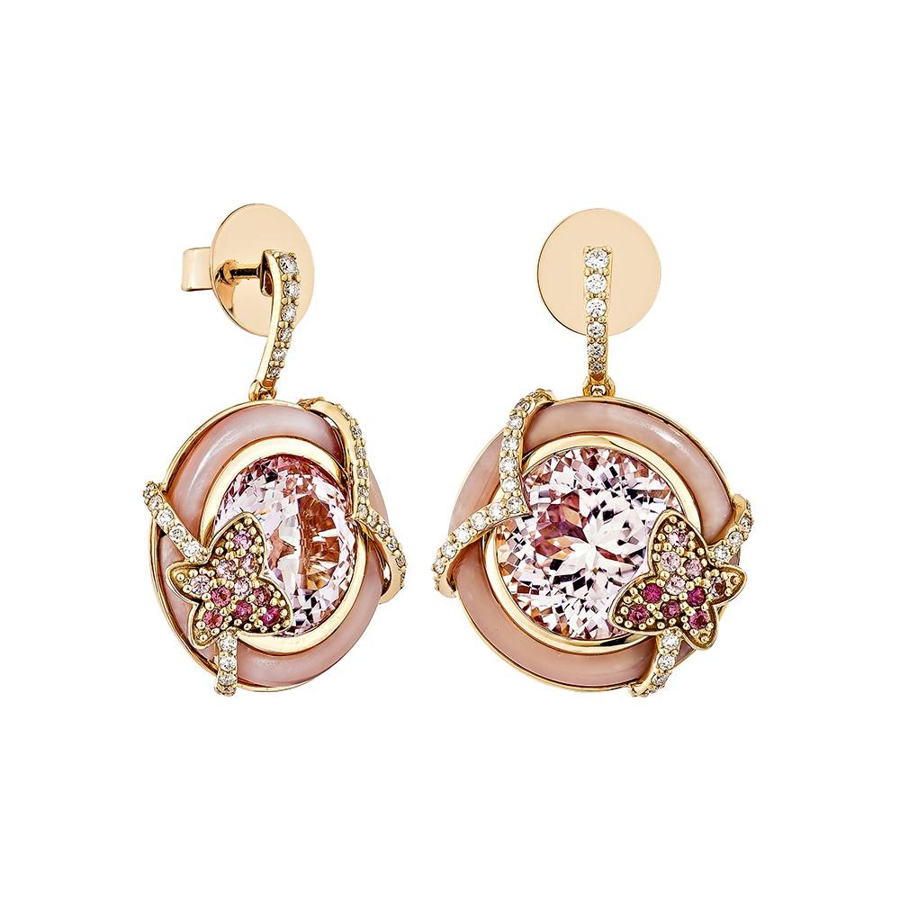An ancient Kunzite drop earring with a butterfly studded with pink opal and pink tourmaline that add to the beauty of the earrings and with studded diamonds on both sides of the Kunzite that add to the beauty of the earrings are shown. These drop