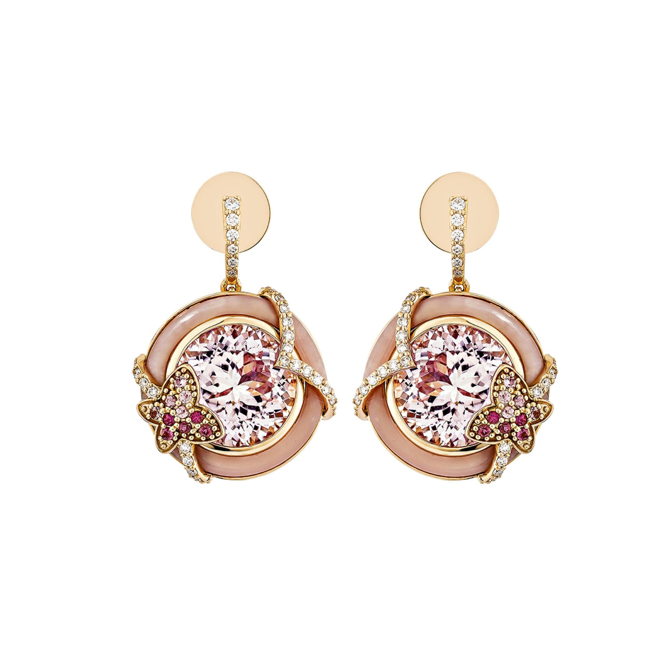 Contemporain Boucles d'oreilles pendantes en kunzite 23,04 carats en 18 carats avec tourmaline, opale rose et diamant en vente