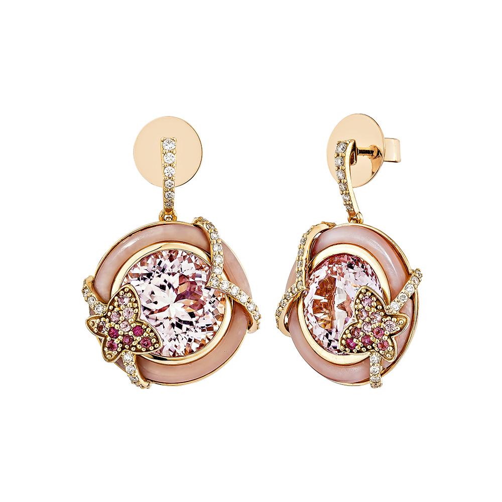 Taille ronde Boucles d'oreilles pendantes en kunzite 23,04 carats en 18 carats avec tourmaline, opale rose et diamant en vente