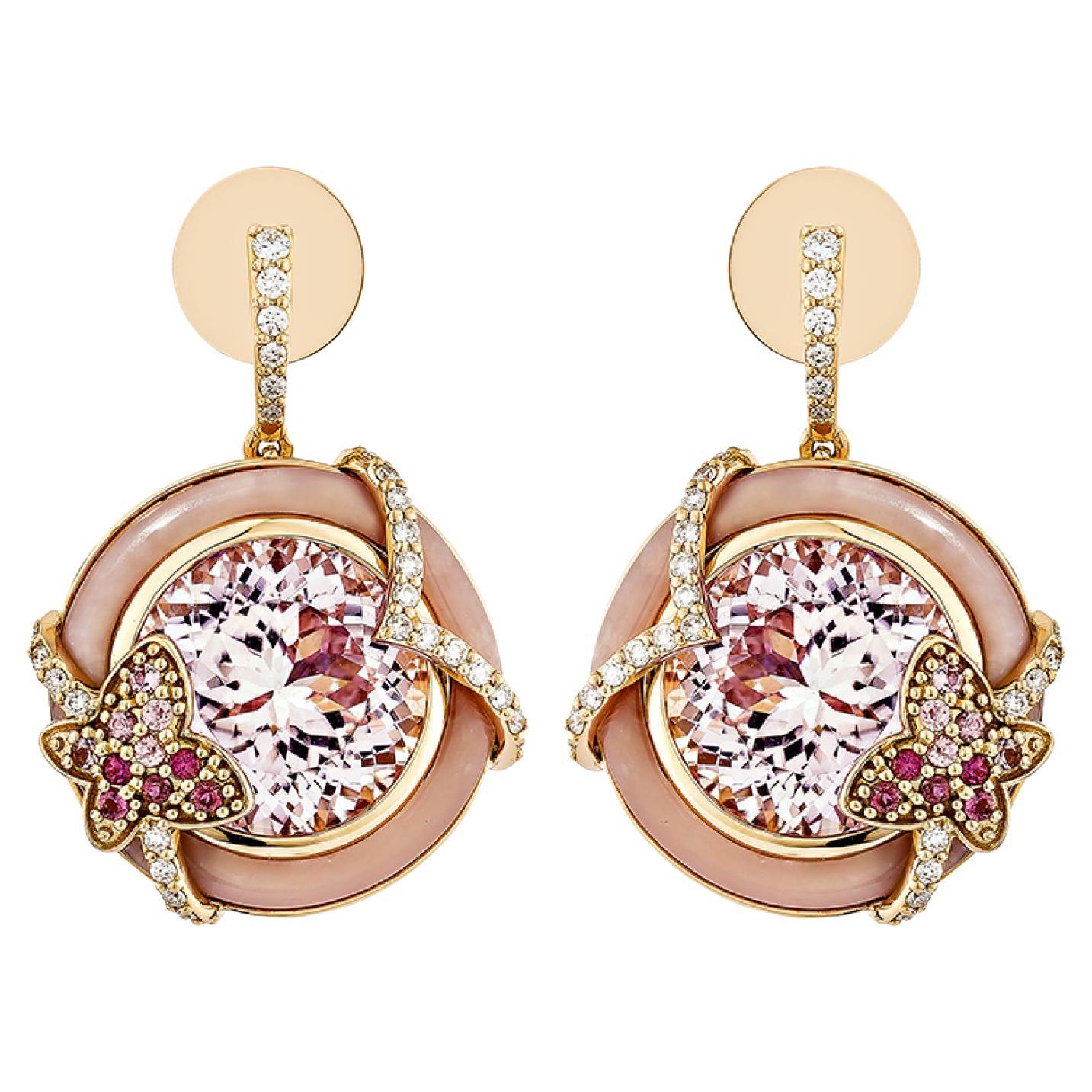 Boucles d'oreilles pendantes en kunzite 23,04 carats en 18 carats avec tourmaline, opale rose et diamant en vente