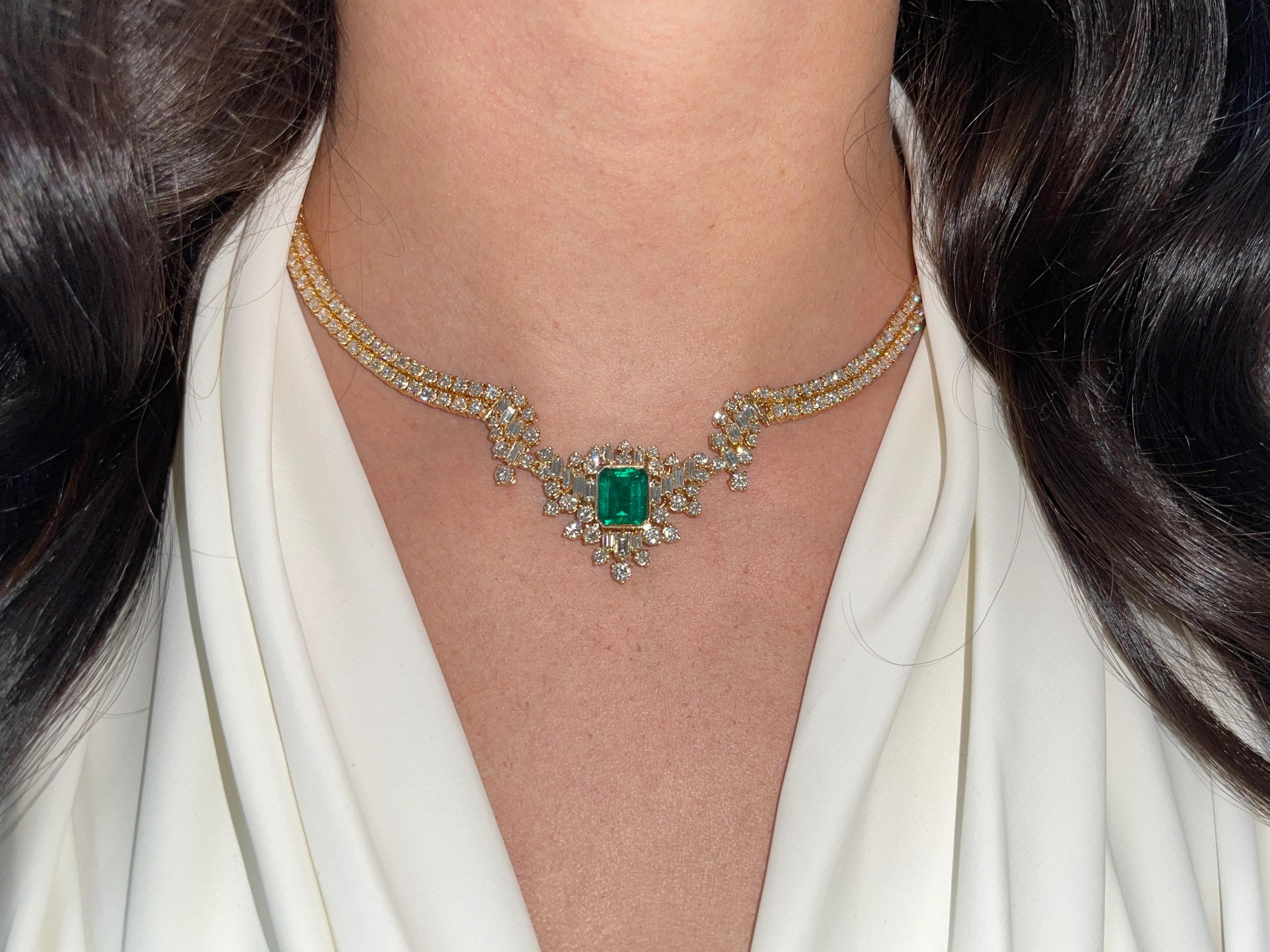 23.06tcw AAA+ Investment Grade Kolumbien Smaragd & Diamant Statement-Halskette 18K (Art déco) im Angebot