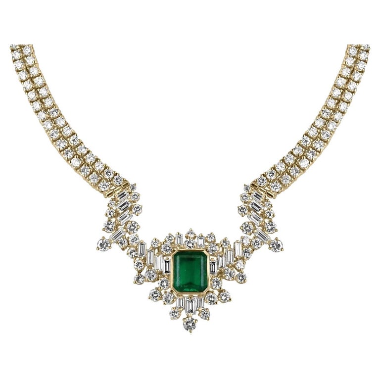 23.06tcw AAA+ Investment Grade Colombia Emerald and Diamond Statement Necklace 18K For Sale at