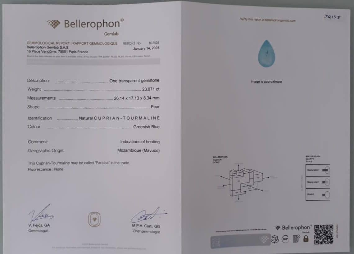 Peso 23,071 carati 
Dimensioni 26,14x17,13x8,34 mm
Trattamento Nessuno 
Origine Mozambico  
Chiarezza SI
Forma Taglio a pera





Questa eccezionale tormalina Paraiba naturale da 23,07 carati proveniente dal Mozambico presenta una vivida tonalità