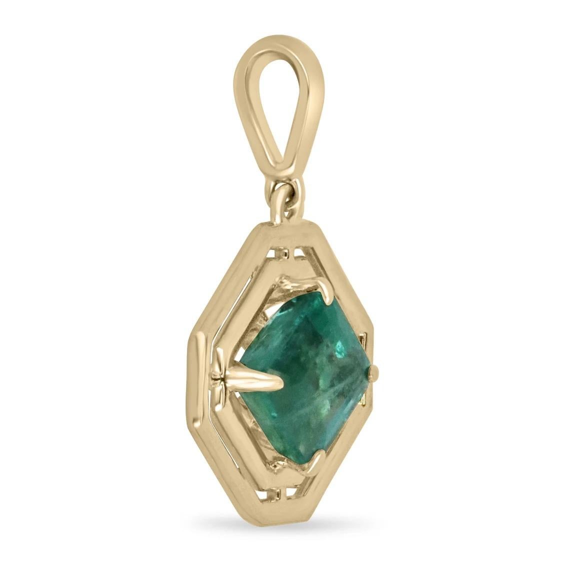 Featured is an absolutely stunning, and one-of-a-kind natural emerald pendant. The gemstone is a natural, 2.30-carat, Zambian asscher cut emerald with ravishing characteristics such as its lush, bluish-green color, very good transparency, luster,