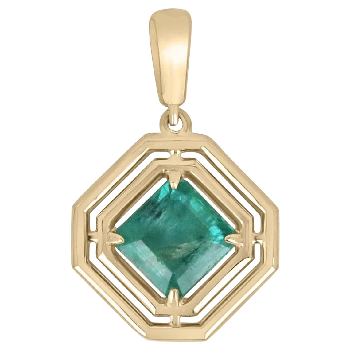 2,30 Karat 14K natürlicher Smaragd-Asscher-Schliff Geometrischer Solitär Massivgold-Anhänger im Angebot