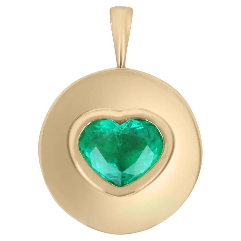 2.30ct 18K Medium Vivid Green Heart Cut Colombian Emerald Signet Bezel Pendant For Sale