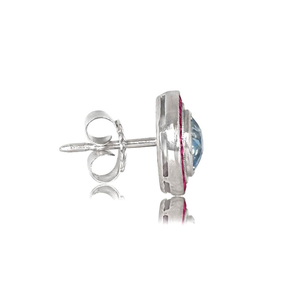 Old European Cut 2.30 Carat Aquamarine Earrings, Ruby Halo, Platinum For Sale
