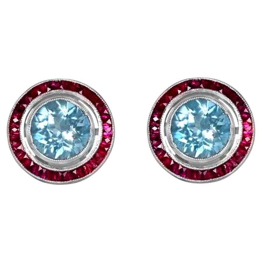 2.30 Carat Aquamarine Earrings, Ruby Halo, Platinum For Sale