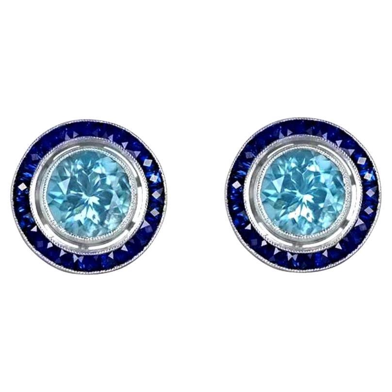 Boucles d'oreilles aigue-marine 2,30 carats, halo de saphirs, platine