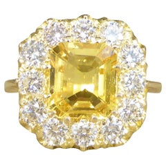 Used 2.30ct Asscher Cut Yellow Sapphire and 1.40ct Diamond Cluster Ring in 18ct Gold