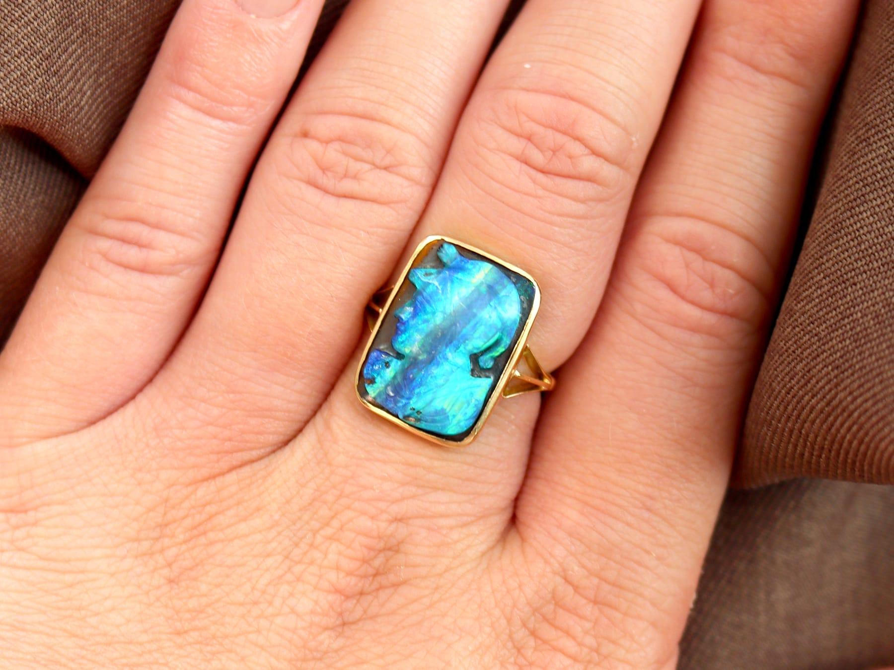 Round Cut Antique 2.30 Carat Black Opal and 18k Yellow Gold Cameo Ring Circa 1900 For Sale