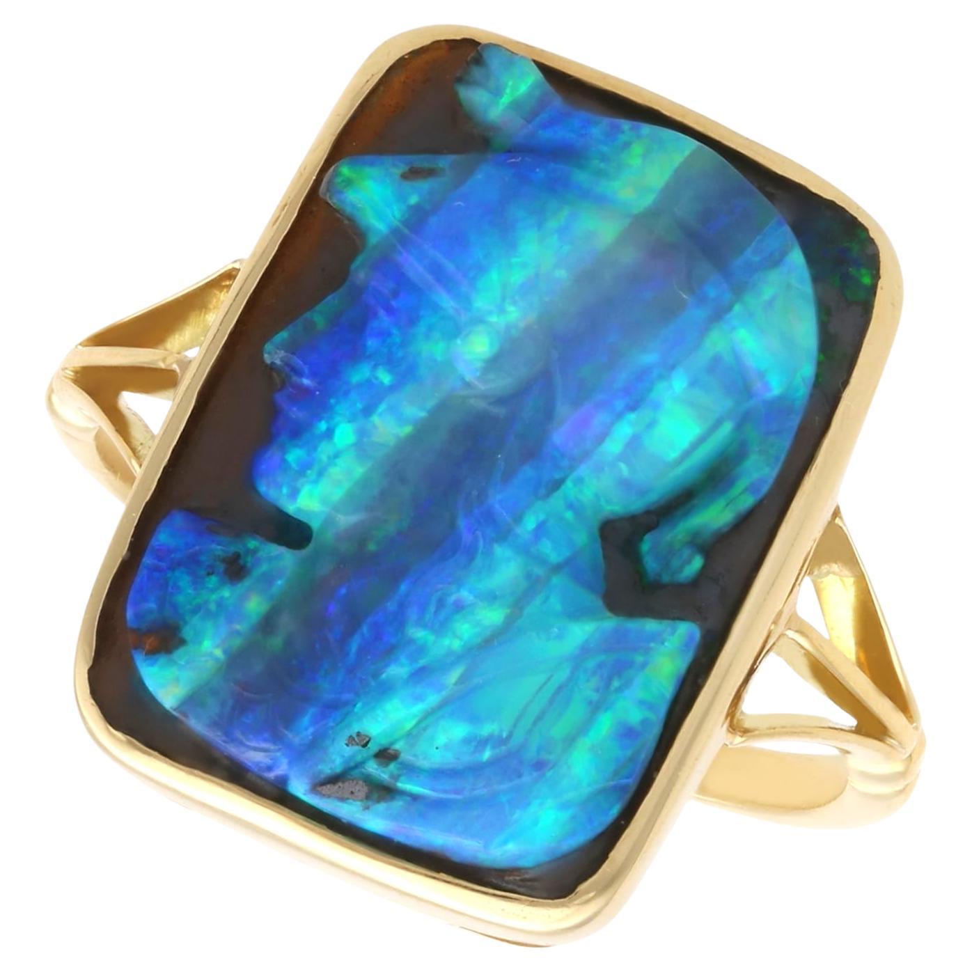 Antique 2.30 Carat Black Opal and 18k Yellow Gold Cameo Ring Circa 1900 For Sale