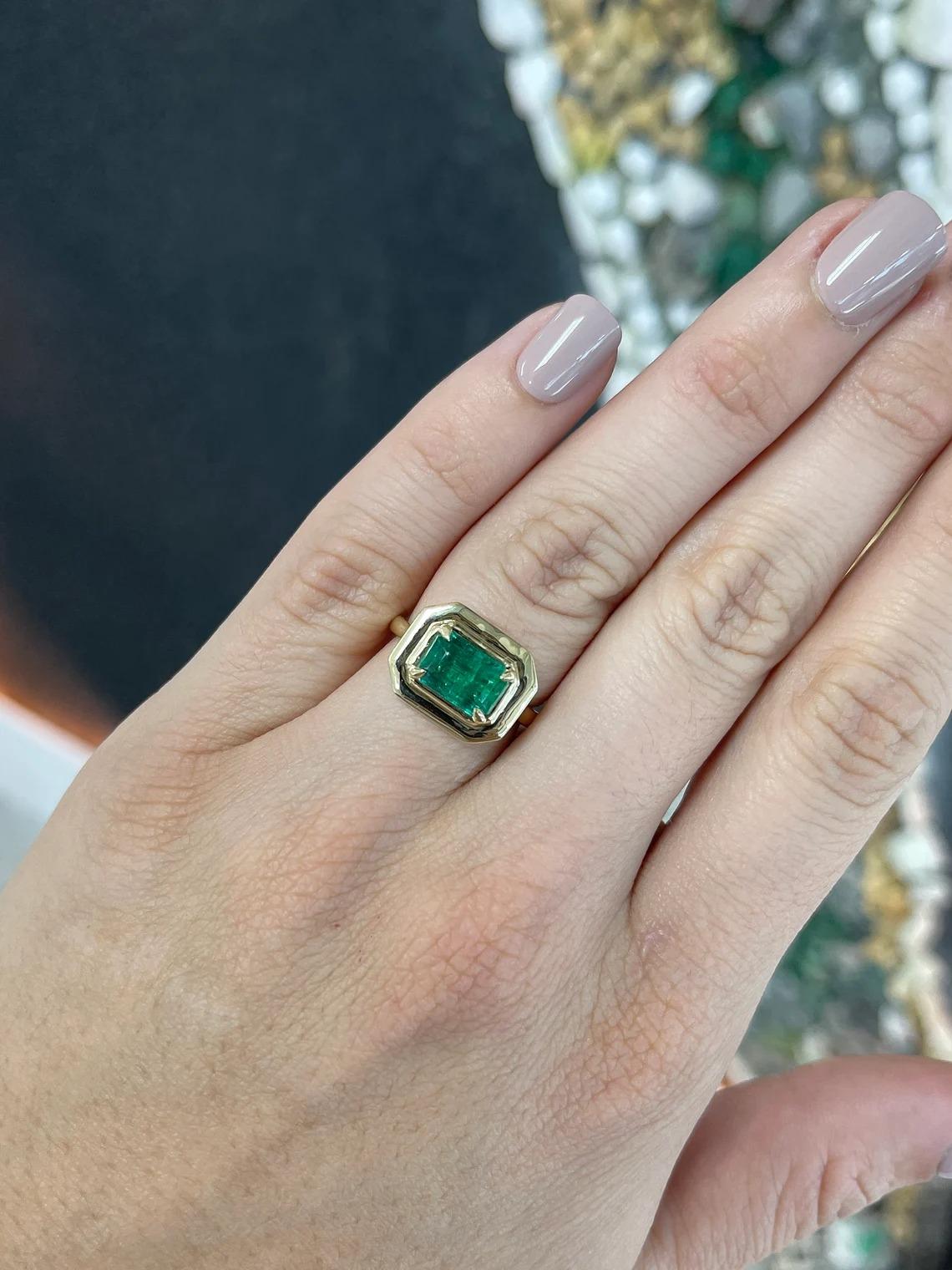 Modern 2.30ct Dark Forest Green Emerald Cut Emerald East to West Solitaire 4 Prong Ring For Sale