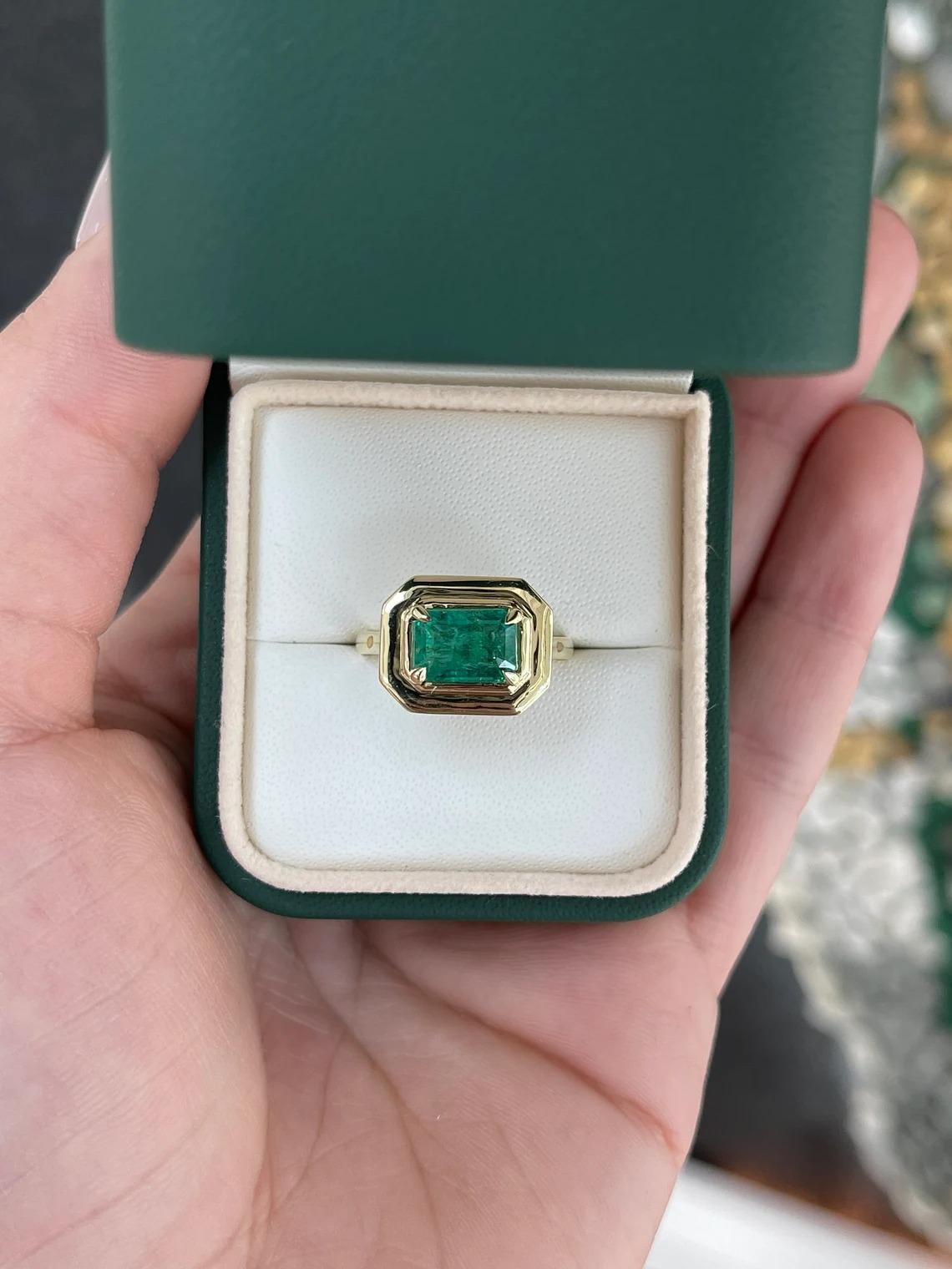 2.30ct Dark Forest Green Emerald Cut Emerald East to West Solitaire 4 Prong Ring For Sale 2