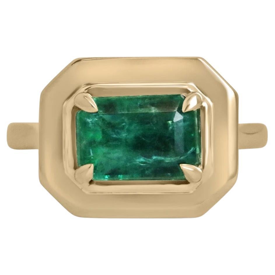 2.30ct Dark Forest Green Emerald Cut Emerald East to West Solitaire 4 Prong Ring For Sale