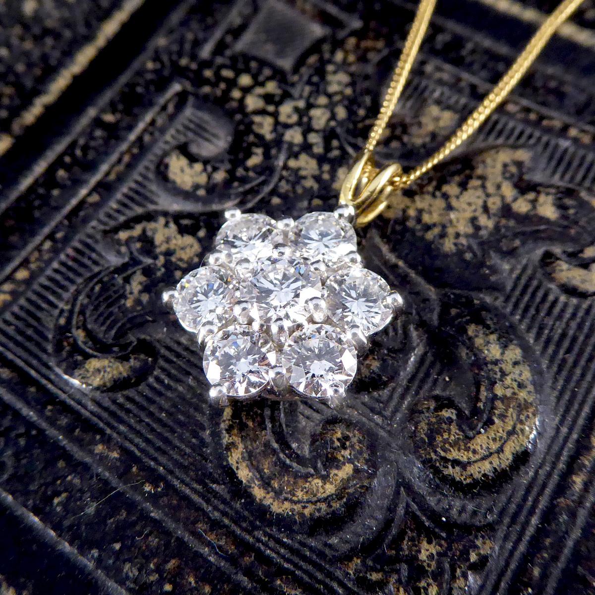 Brilliant Cut 2.30ct Diamond Daisy Cluster Pendant Necklace in 18ct White and Yellow Gold
