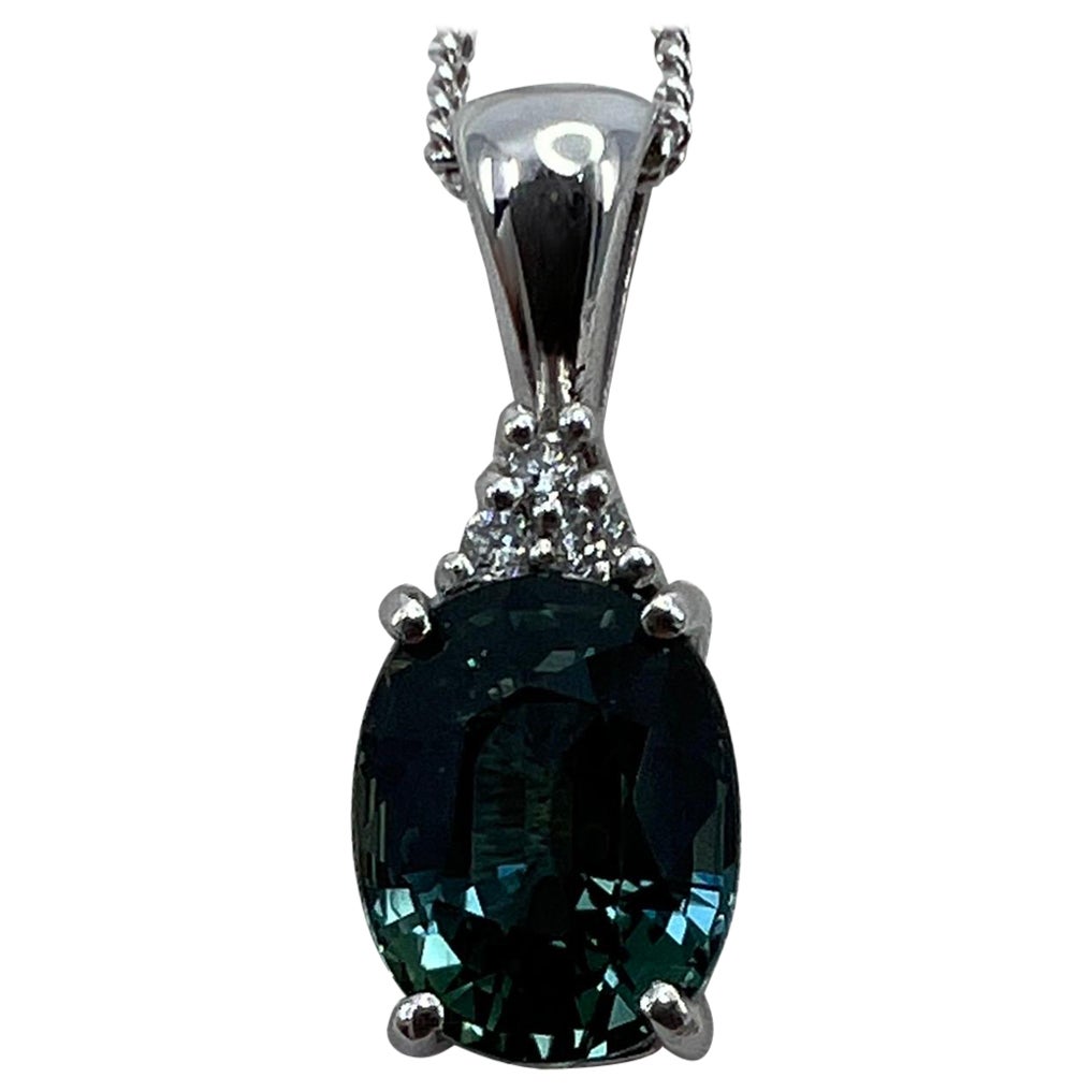 2.30ct GIA Certified Untreated Teal Blue Sapphire Diamond 18k White Gold Pendant