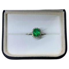 2.30ct Green emerald Colombian diamond halo engagement ring 18ct white gold.