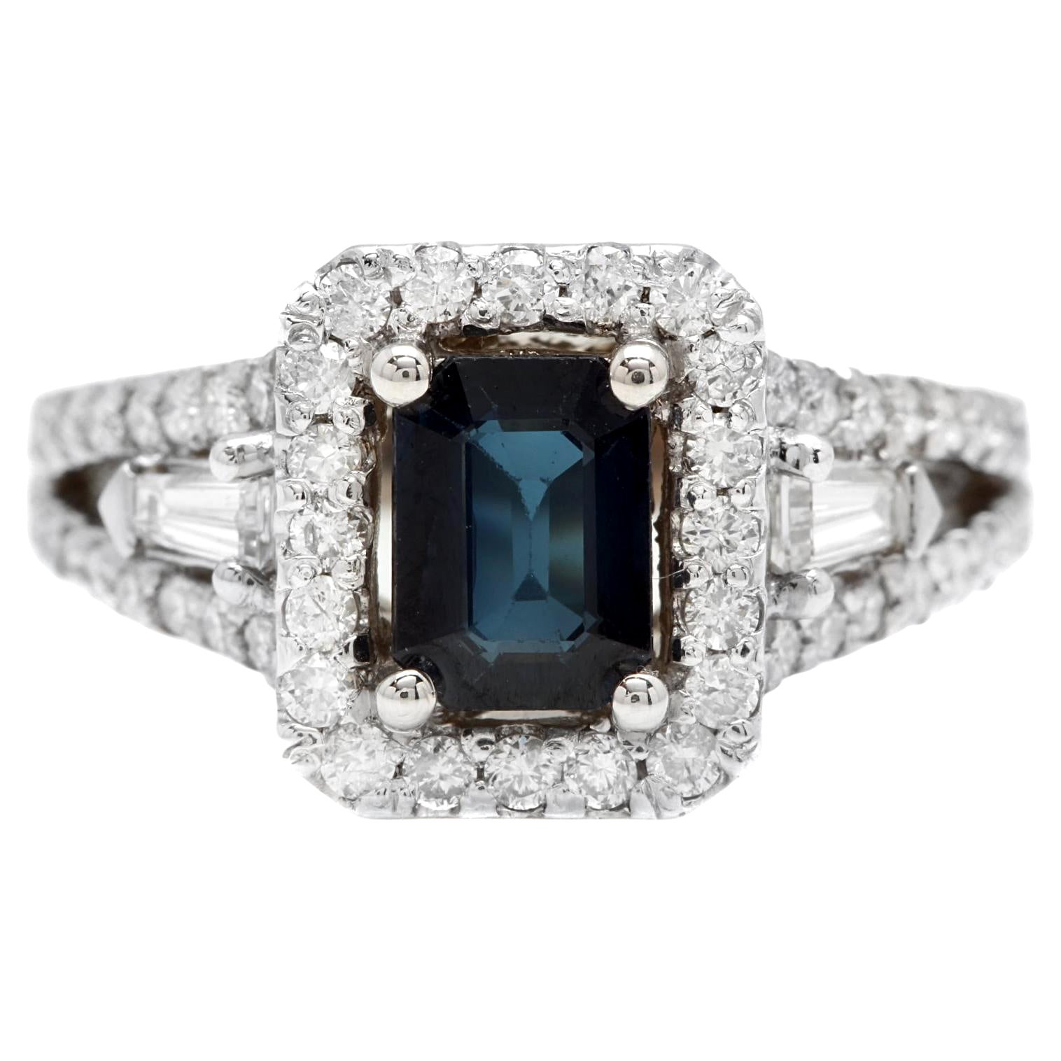 Bague en or blanc massif 14 carats avec saphir bleu naturel de 2,30 carats et diamants