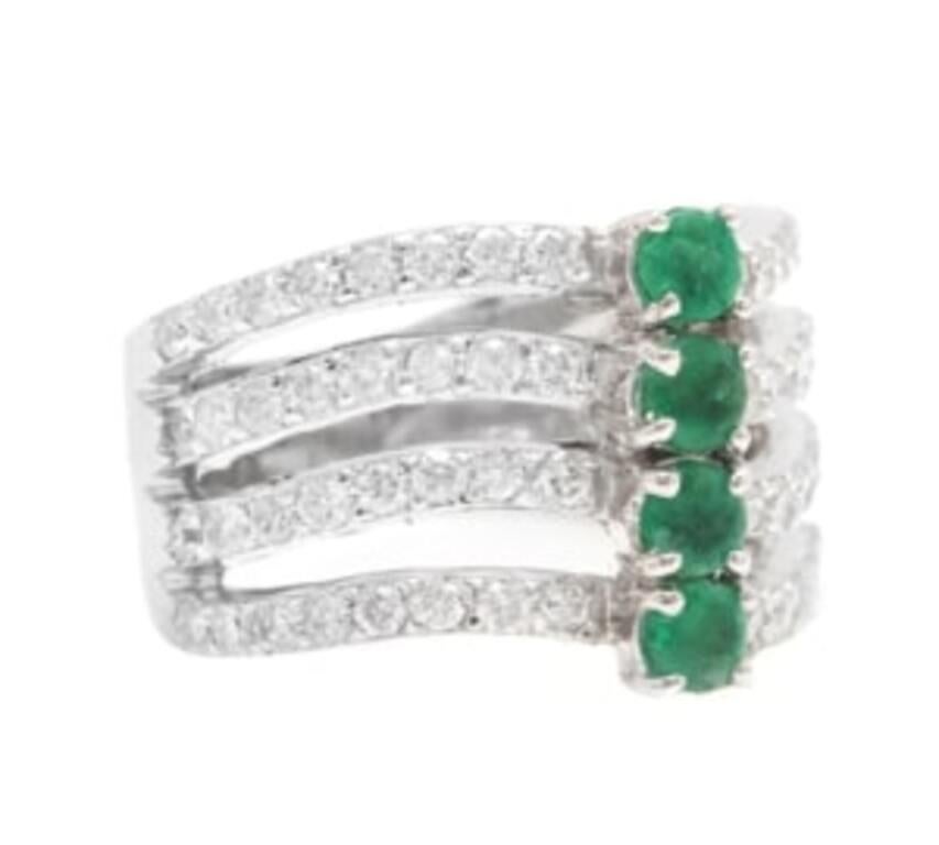 2.30 Carats Natural Emerald and Diamond 14K Solid White Gold Ring

Total Natural Green Emeralds Weight is: Approx. 1.00 Carat 

Emerald Measures: Approx. 3.5mm

The width of the ring is 13.50mm

Natural Round Diamonds Weight: Approx.  1.30 Carats