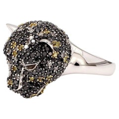 2.30CT Panther Head Black, Yellow & White Diamond Ring with White Gold