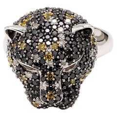 2.30CT Panther Head Black, Yellow & White Diamond Ring with White Gold