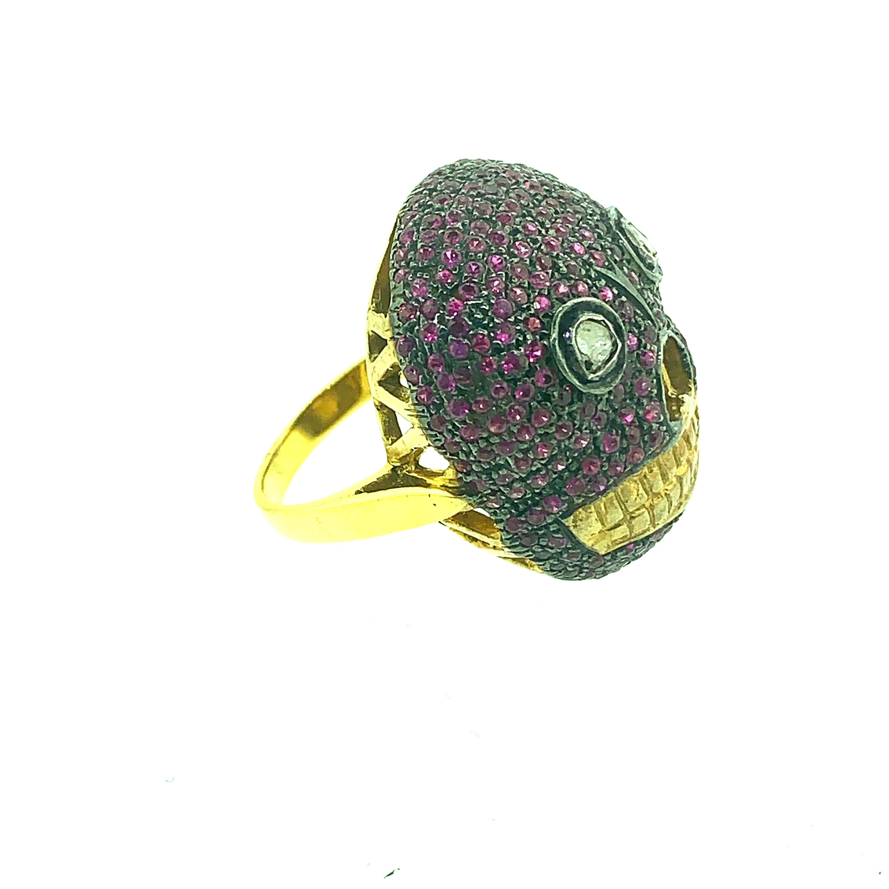 Contemporary 2.30 Carat Ruby, 0.09ct Diamonds Skull Ring in Oxidized Sterling Silver 14k Gold For Sale