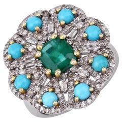 2.30cttw Emerald, Turquoise with Diamonds 1.08cttw Sterling Silver Ring