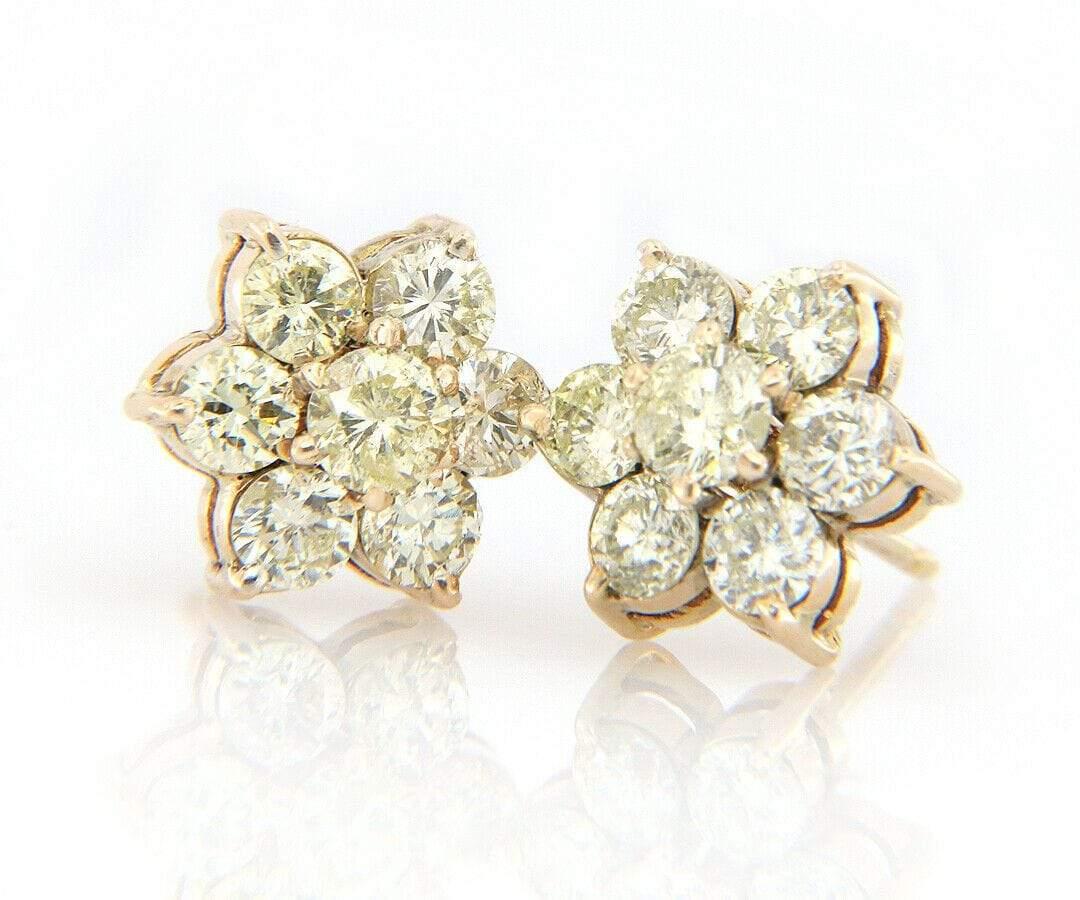 Round Cut 2.30ctw Diamond Flower Earrings in 10K Yellow Gold For Sale