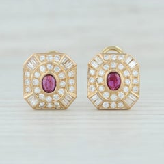 2.30ctw Ruby Diamond Halo Earrings 14k Yellow Gold Pierced Omega Backs